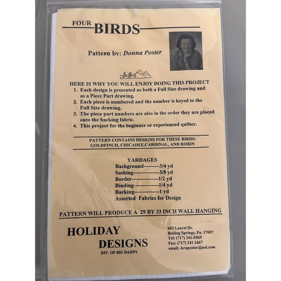 NIB Holiday Designs Appliqué Pattern Donna Poster Four Birds Quilt P-09 Quilting - Picture 2 of 2